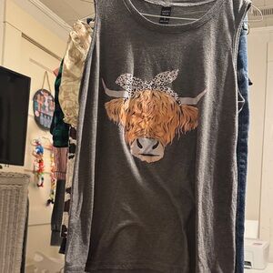 Emery Rose Gray Tank Top with Cow Graphic